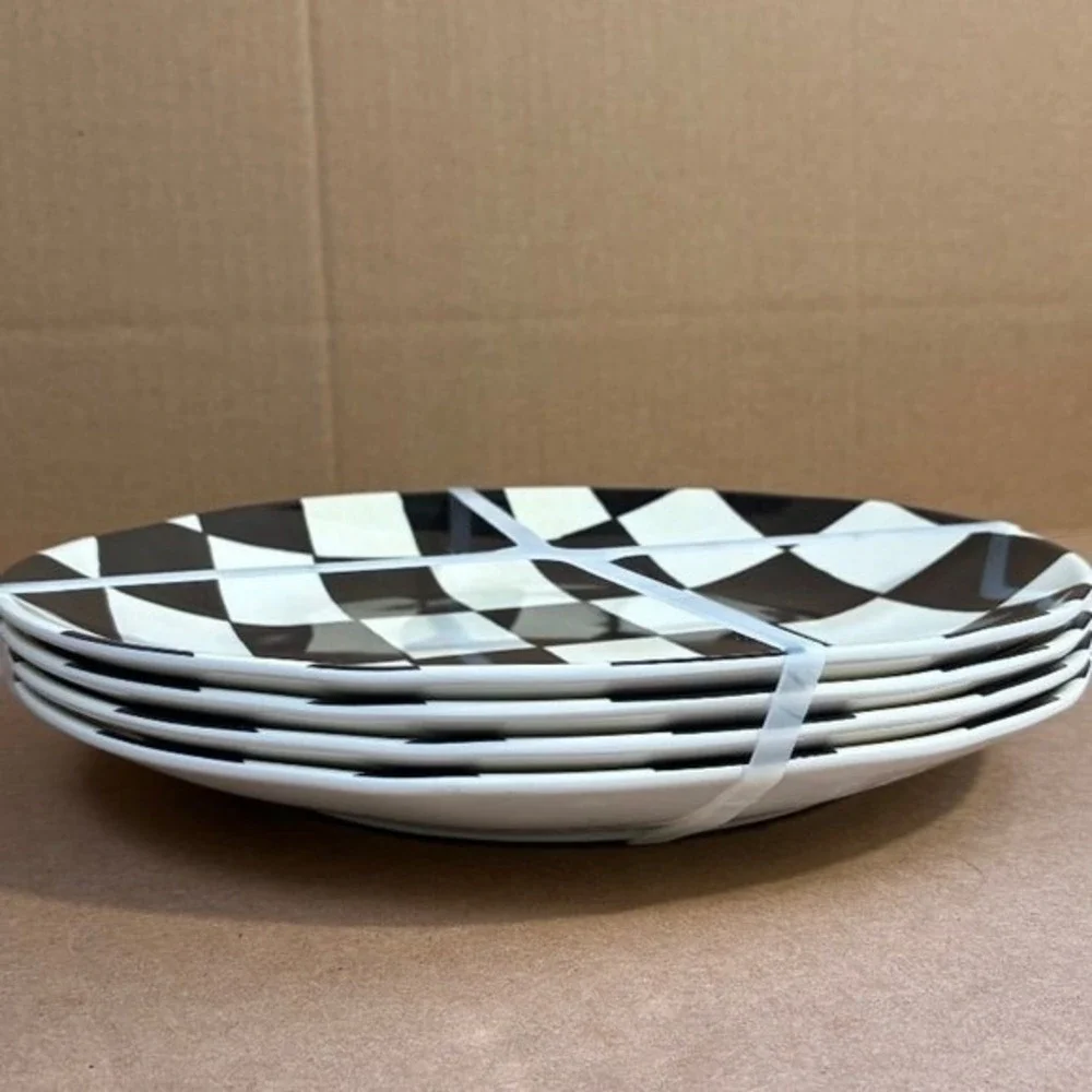 8-Piece Black and White Checkered Melamine Dinnerware Set Salad & Dinner Plates